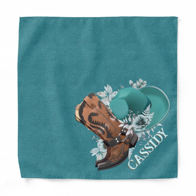 Cowgirl style rabch dog turquoise leather name dog bandana (Front)
