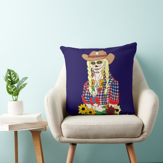 Cowgirl Sugar Skull Throw Pillow (Chair)
