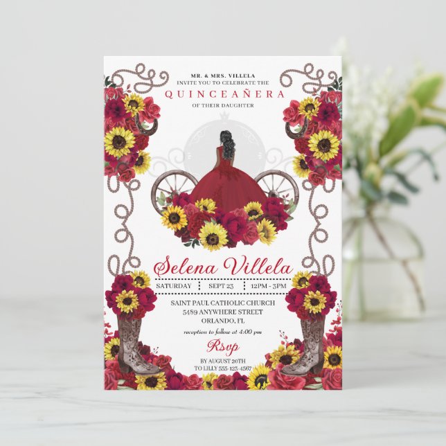 Cowgirl Sunflowers Roses Western Quinceanera Invitation (Standing Front)