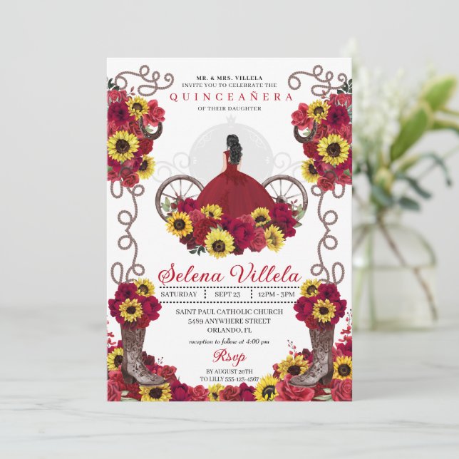 Cowgirl Sunflowers Roses Western Quinceanera Invitation (Standing Front)