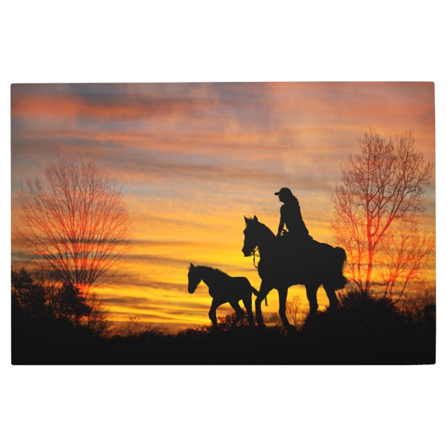 Cowgirl Sunset Horseback Ride Metal Wall Art (Front)