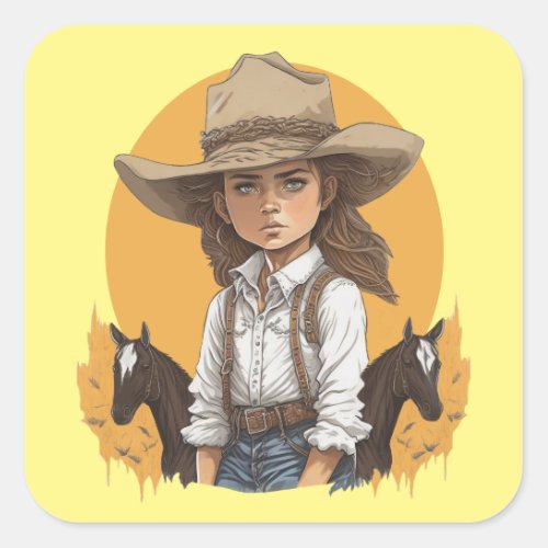 Cowgirl  Sunset Horses Country Western Girl Wear Square Sticker