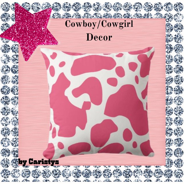 Cowgirl Theme Cowhide Pink and White  Throw Pillow (Creator Uploaded)