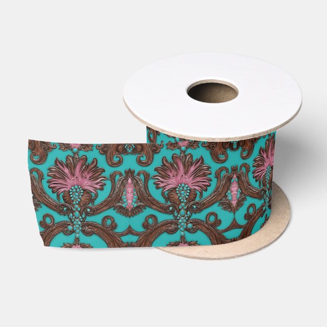 Cowgirl Turquoise Pink Western Country Floral Satin Ribbon (Spool)