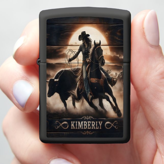 Cowgirl Under Sunset Kimberly Zippo Lighter (In Hand)