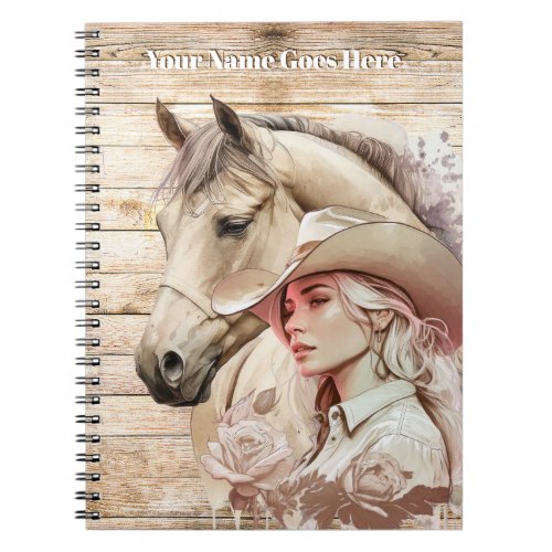 Cowgirl watercolor horse woodgrain DIY name Notebook