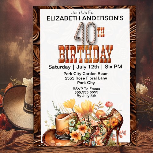 Cowgirl Western 40th Birthday Invitation