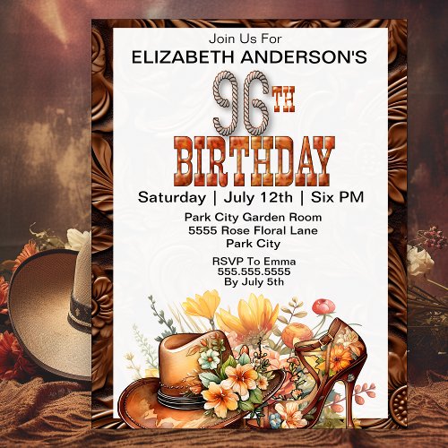 Cowgirl Western 96th Birthday Invitation