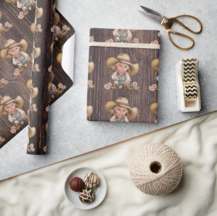 Cowgirl western burnt brown woodgrain rustic wrapping paper
