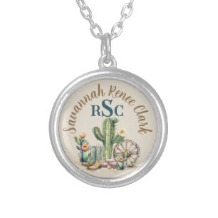 Cowgirl Western Cactus Boots Monogram Name Silver Plated Necklace
