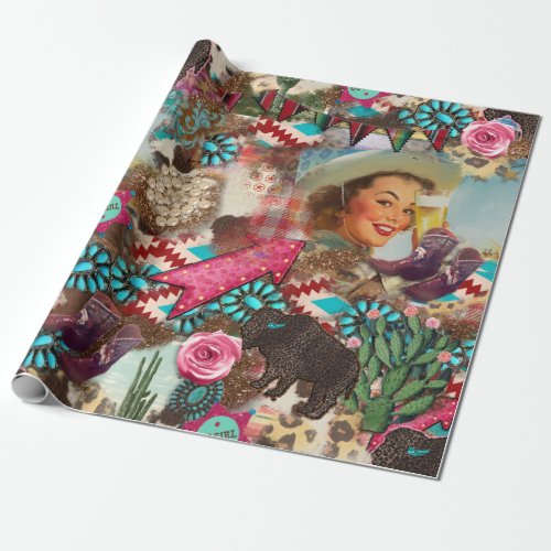 Cowgirl western collage turquoise boots chic girls wrapping paper