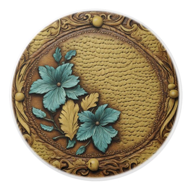 Cowgirl Western Country Brown Turquoise Floral  Ceramic Knob (Front)
