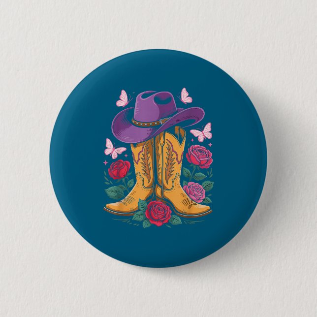 Cowgirl Western Cowboy Hat Boots With Roses Countr Button (Front)