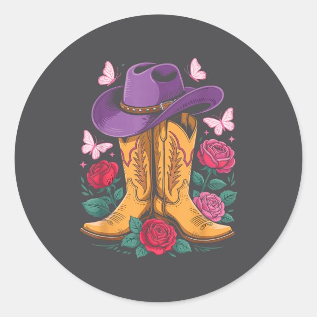 Cowgirl Western Cowboy Hat Boots With Roses Countr Classic Round Sticker (Front)