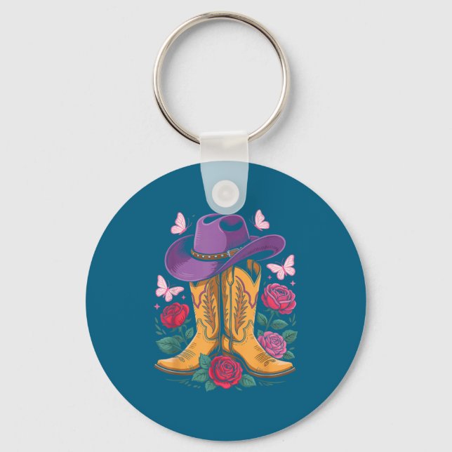 Cowgirl Western Cowboy Hat Boots With Roses Countr Keychain (Front)