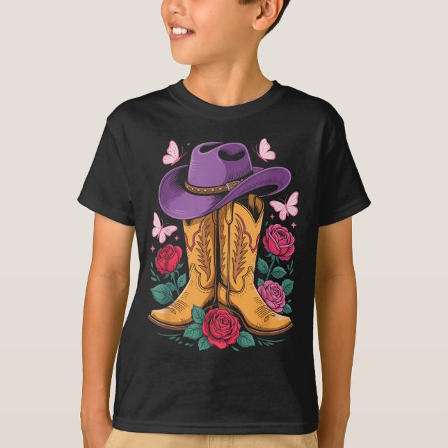 Cowgirl Western Cowboy Hat Boots With Roses Countr T-Shirt (Front)