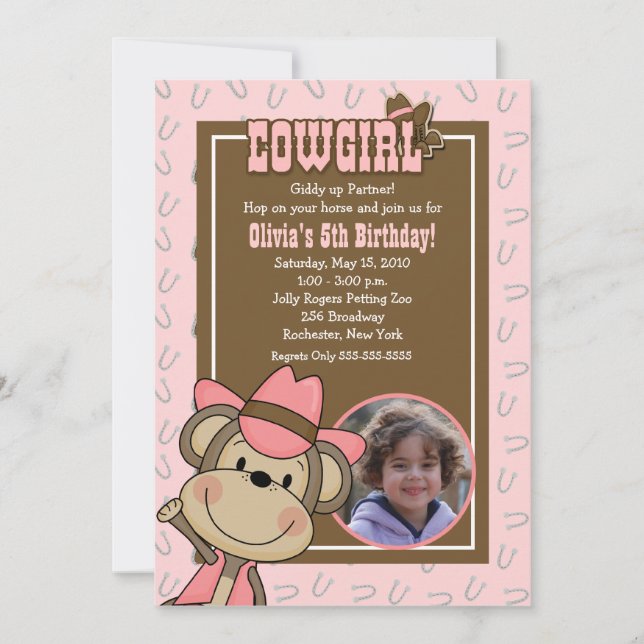 Cowgirl Western Monkey 5x7 *PHOTO* Birthday Invitation (Front)