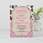 Cowgirl western pink and brown girl baby shower invitation (Standing Front)