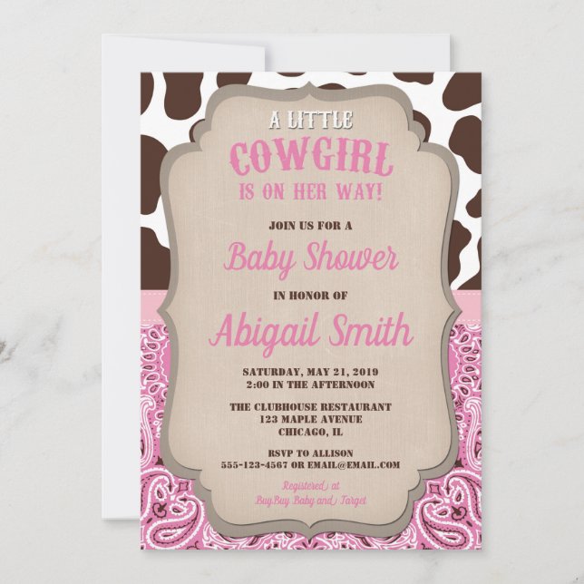 Cowgirl western pink and brown girl baby shower invitation (Front)