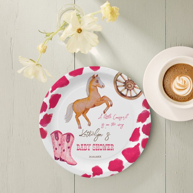 Cowgirl western rodeo cute baby shower pink paper plates (Cowgirl western rodeo baby shower pink customized paper plates cute baby horse personalized plates)