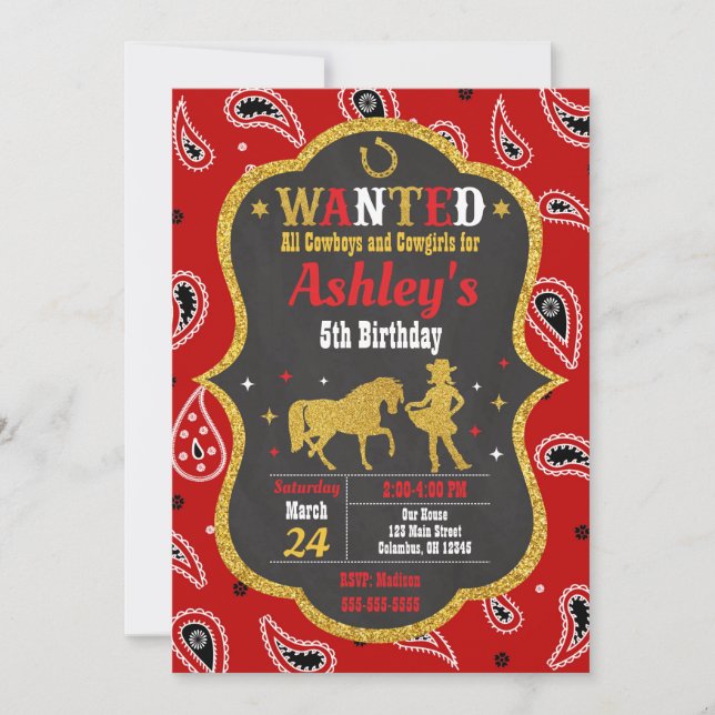 Cowgirl Western Wild West Party Birthday Invitation (Front)
