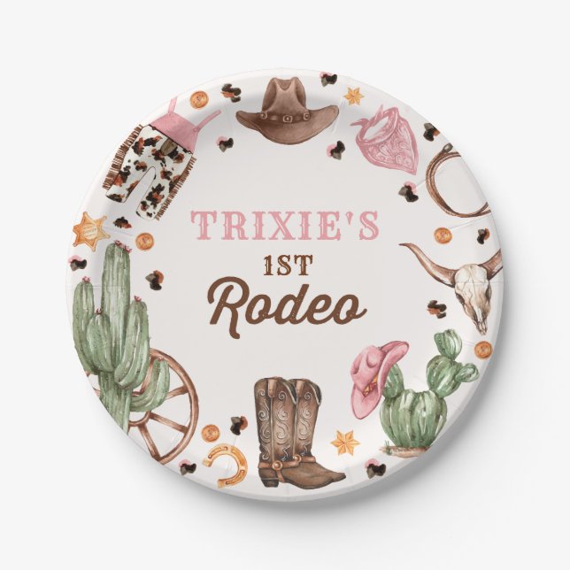 Cowgirl Wild West 1st Rodeo Ranch Birthday Party Paper Plates (Front)