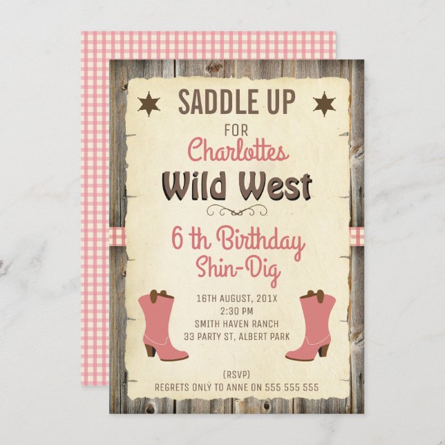 Cowgirl Wild West Gingham Birthday Invitation (Front/Back)