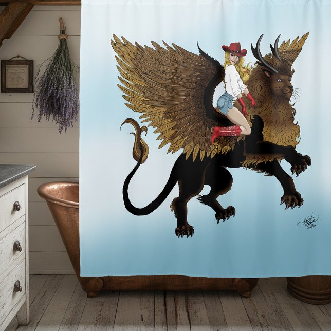 Cowgirl Winged Lion Fantasy Red Shower Curtain (Creator Uploaded)