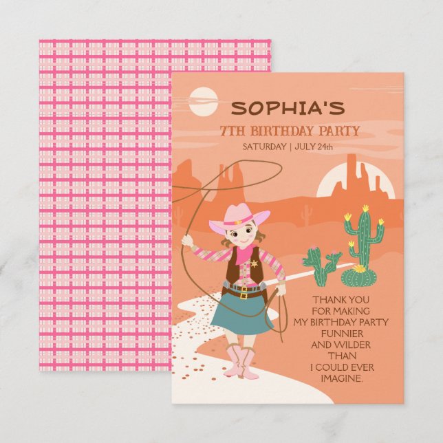 Cowgirl with a lasso and cacti Kids Birthday Party Thank You Card (Front/Back)