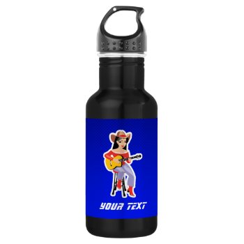 Cowgirl With Guitar; Blue Stainless Steel Water Bottle by MusicPlanet at Zazzle
