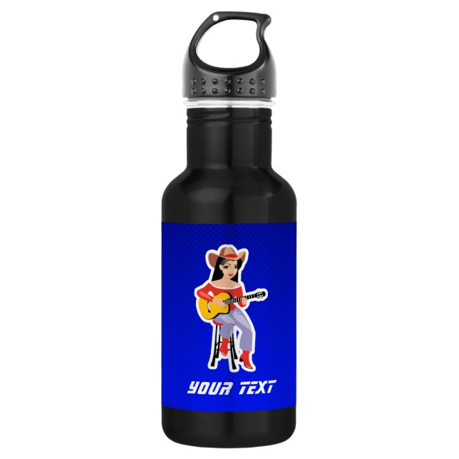 Cowgirl with Guitar; Blue Stainless Steel Water Bottle (Front)