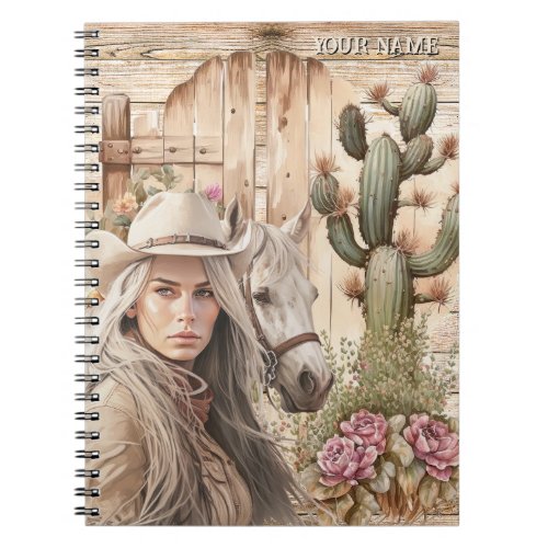 Cowgirl with horse watercolor cactus DIY name Notebook
