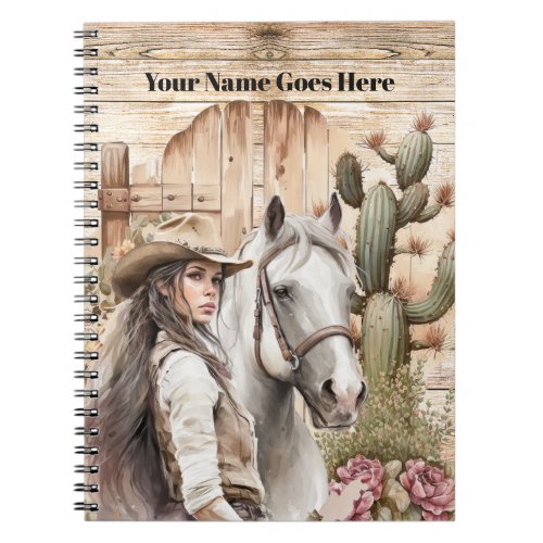 Cowgirl with horse watercolor cactus floral notebook