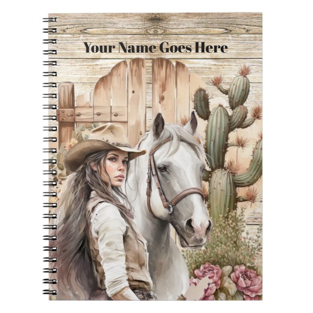 Cowgirl with horse watercolor cactus floral notebook (Front)