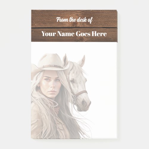 Cowgirl with horse woodgrain name DIY Post_it Notes