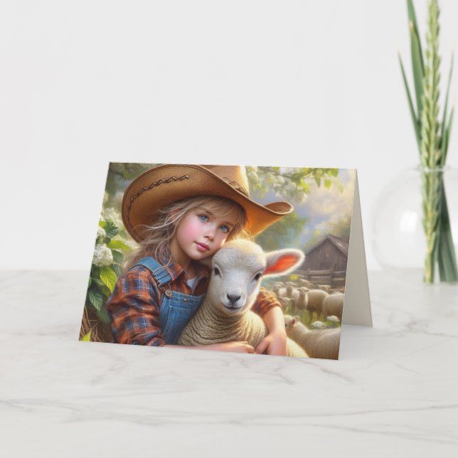 Cowgirl with Lamb Western Easter Holiday Card (Front)