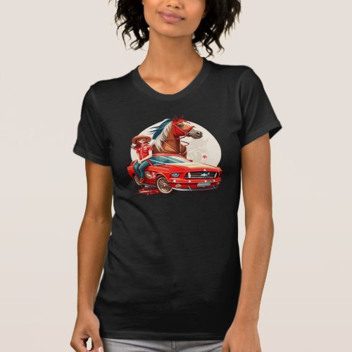 Cowgirl With Mustang Car Horse T_Shirt