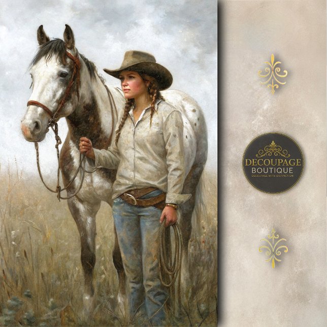 Cowgirl With Spotted Horse In Field Decoupage Tissue Paper (cowgirl With Spotted Horse In Field Decoupage Tissue Paper)