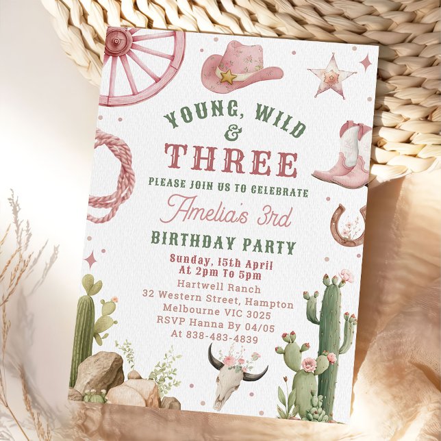 Cowgirl Young Wild & Three Birthday Invitation  (Creator Uploaded)