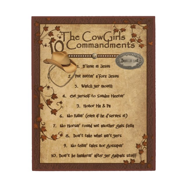 Cowgirls 10 Commandments Wood Wall Art (Front)