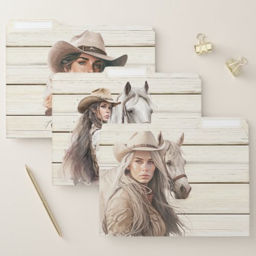 Cowgirls and horse on white woodgrain western file folder