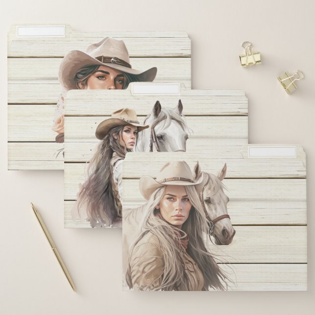 Cowgirls and horse on white woodgrain western file folder (Set)