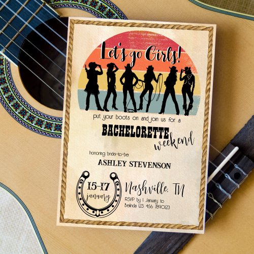 Cowgirls lets go girls vintage rustic weekend away invitation