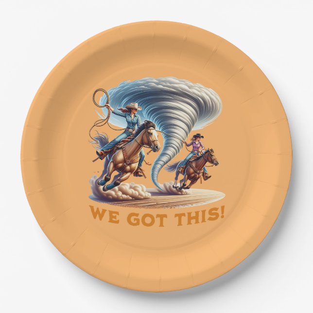 Cowgirls Roping a Tornado Tee Shirt "We Got This!" Paper Plates (Front)