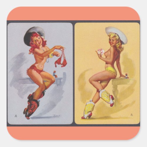 Cowgirls  Vintage pin up girl art Square Sticker