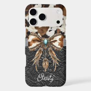 Cowhide Black Leather Jewel Bow iPhone 17 Pro Max Case