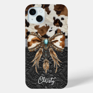 Cowhide Black Leather Jewel Bow iPhone 15 Plus Case