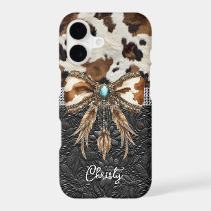 Cowhide Black Leather Jewel Bow iPhone 17 Case