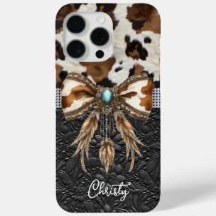Cowhide Black Leather Jewel Bow iPhone 15 Pro Max Case