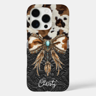 Cowhide Black Leather Jewel Bow iPhone 16 Pro Case